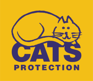 blue outline of a cat laid on the words cats protection