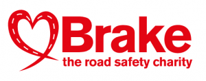 Logo for brake, red letters on white background with the outline of a loveheart, brake the road safety charity