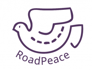 logo for road peace, the outline of a cove sat on the words road peace